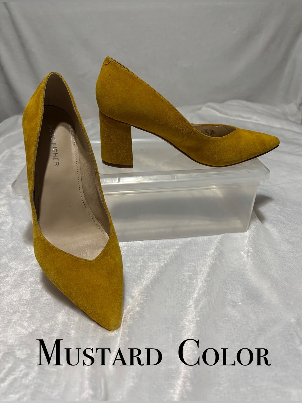 Mustard Suede-Leather Pointed Toe 3” Block Heel Pumps